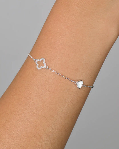 Pulsera plata 925 trébol y corazones nácar