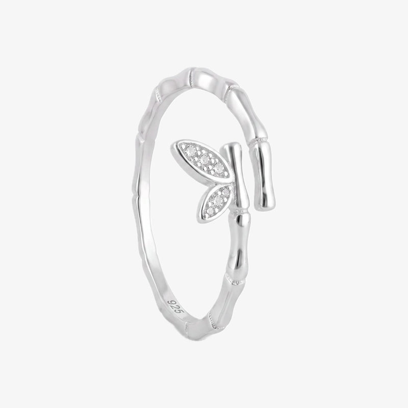 Anillo plata 925 bambu y mariposa con circones para mujer