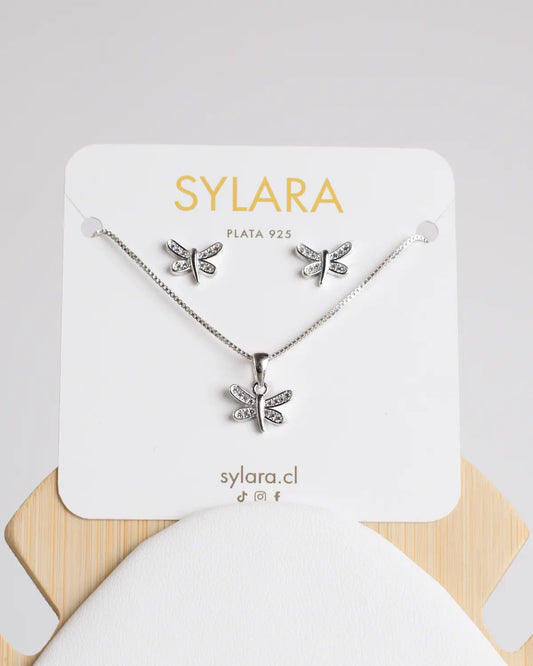 Conjunto plata 925 libélula blanco