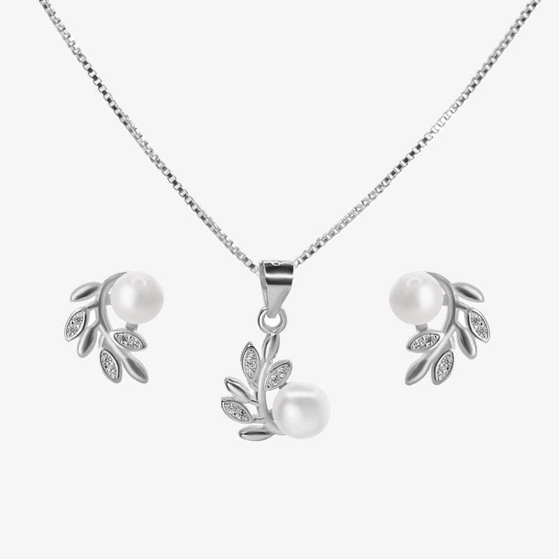 Conjunto de joyas plata 925 aros mas collar de hojas y perla para mujer