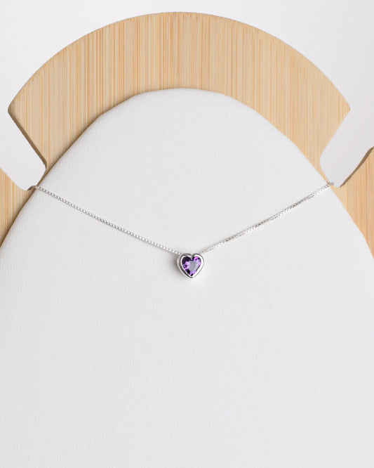 Collar plata 925 corazón punto luz tambor morado