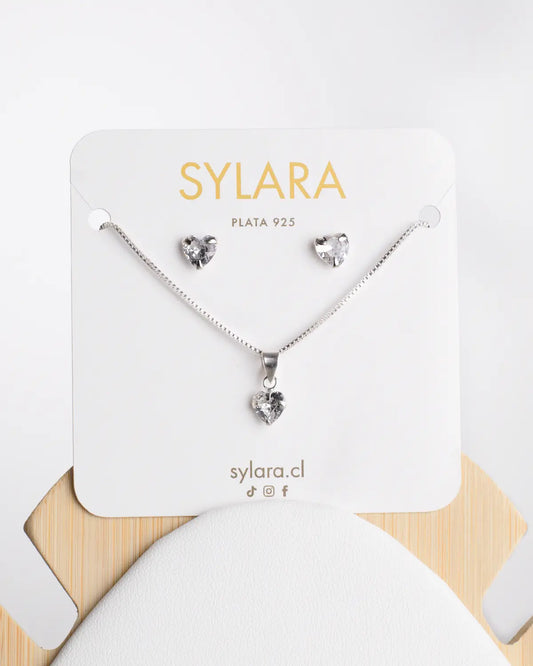 Conjunto plata 925 corazón punto luz blanco