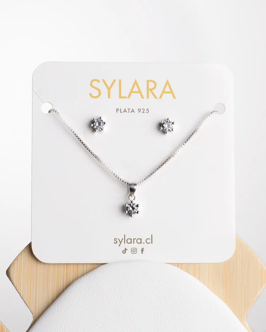 Conjunto plata 925 circón solitario brillante