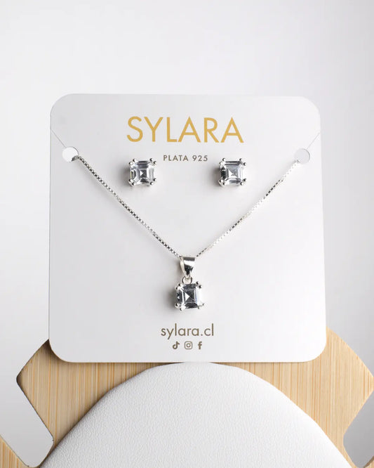 Conjunto plata 925 punto de luz cuadrado