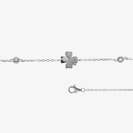 Pulsera plata Amuleto trebol y circon para mujer fondo blanco