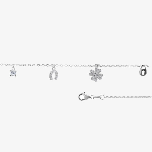 Pulsera plata Amuletos de Suerte para mujer fondo blanco con trebol, herradura