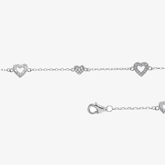 Pulsera plata Lía para mujer con 5 corazones fondo blanco