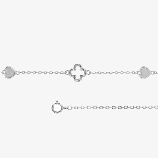 Pulsera plata Amara para mujer corazon y trebol fondo blanco