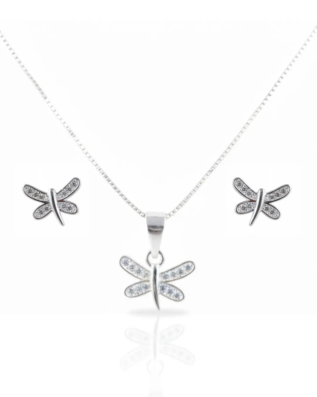 Conjunto plata 925 libélula blanco