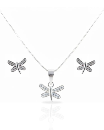 Conjunto plata 925 libélula blanco