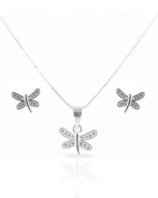 Conjunto plata 925 libélula blanco