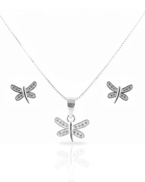 Conjunto plata 925 libélula blanco