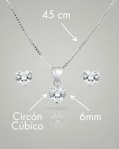 Conjunto plata 925 corazón punto luz blanco