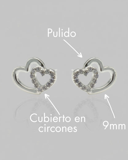 Aros plata 925 doble corazón enlazado