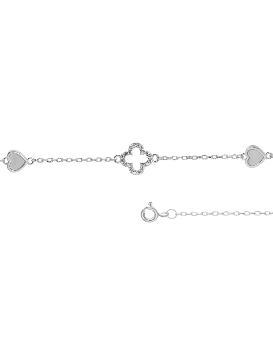 Pulsera plata 925 trébol y corazones nácar