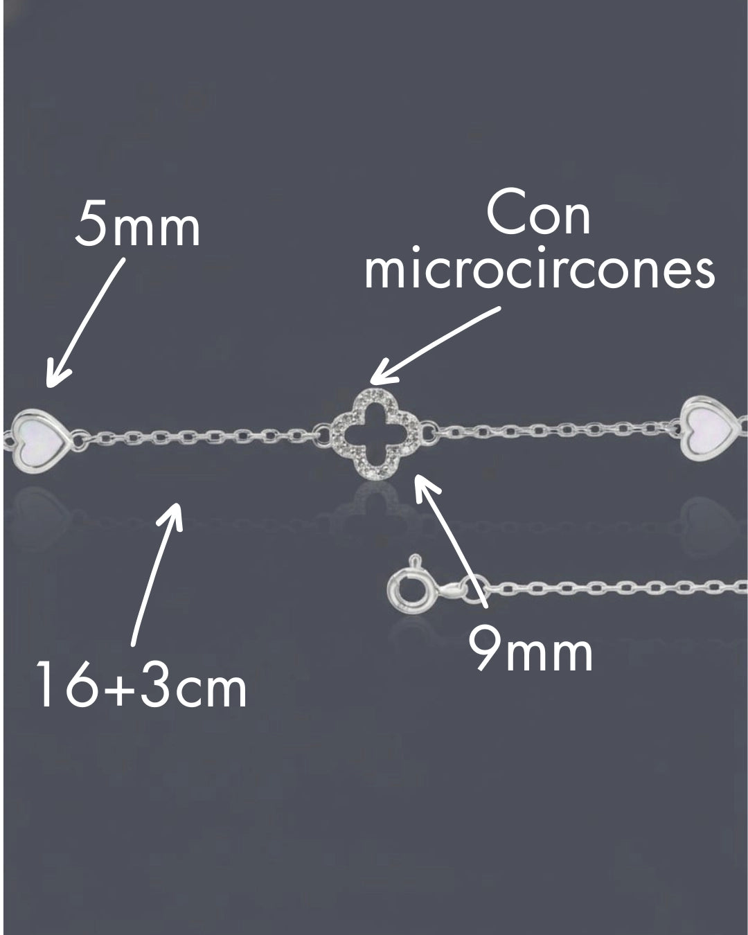 Pulsera plata 925 trébol y corazones nácar