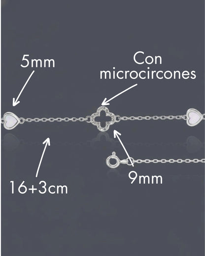 Pulsera plata 925 trébol y corazones nácar