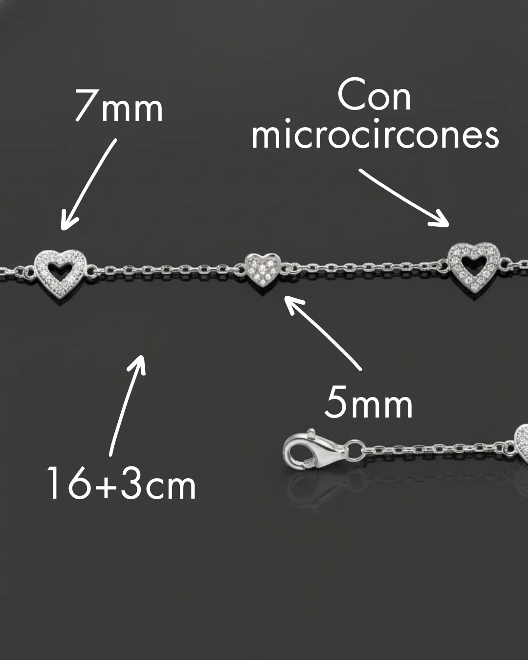 Pulsera plata 925 corazones en cadena
