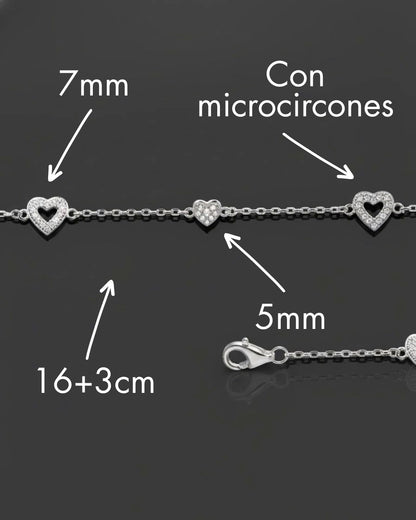 Pulsera plata 925 corazones en cadena