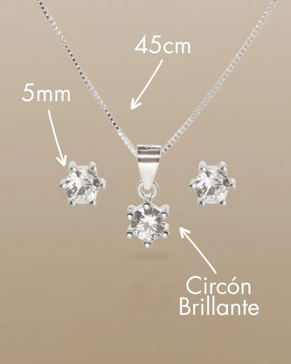 Conjunto plata 925 circón solitario brillante